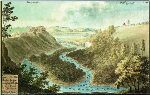 PĒRSE uz Daugavu. Tālumā Sēlijas krasts, bijušo Upjāņu lauki. J.K.Broce 1796