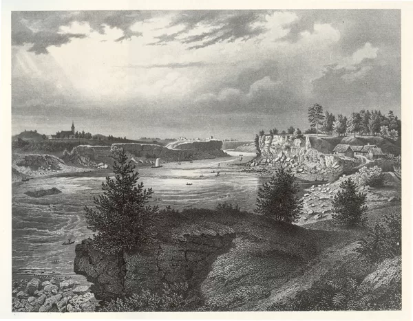 Pirms OLIŅKALNA, kreisā krastā Sēlpils baznīcas tornis, vidū pilsdrupas. Stefenhāgens 1866