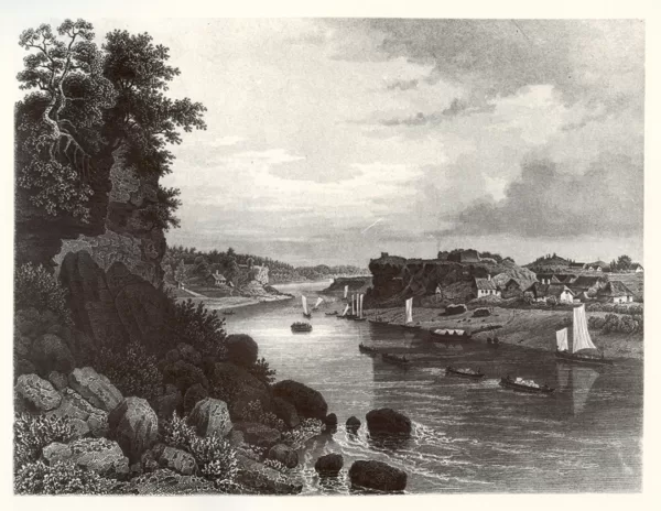 Skats pret straumei, Priekšplānā Dūņu lejas gals, Oliņkalns. Stefenhāgens 1866